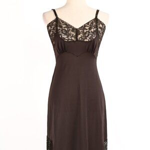 Vintage 40s Dark Brown Nylon Lace FISCHER HEAVENLY LINGERIE Nightgown Slip Dress